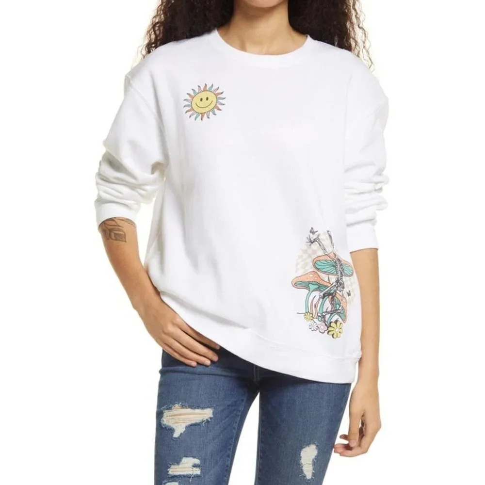 The Vinyl Icons Women's Skeleton Mushroom‎ Graphic Sweatshirt In White SZ S NWT